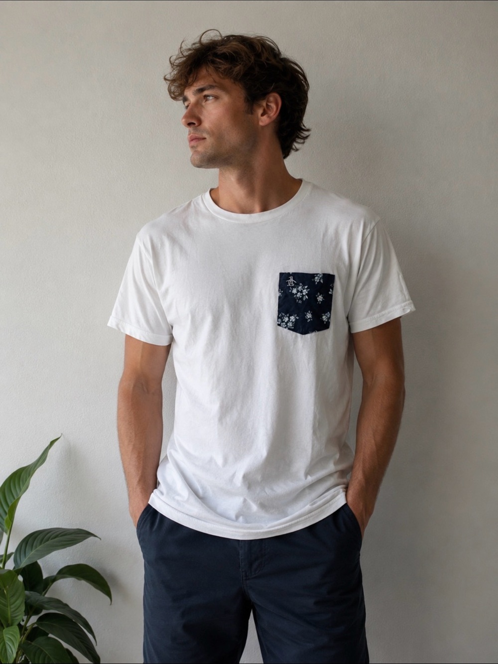 Penguin Man’s White‎ Crew Neck Pocket Tee with Navy Floral Pocket sizeL